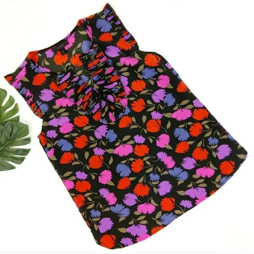 J.Crew Silk Floral Print Ruffle Blouse sz 2